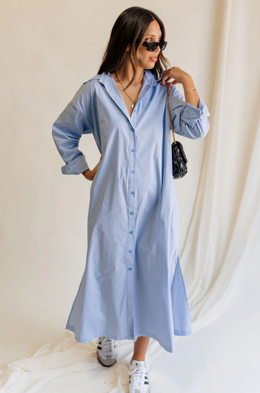 Ryan Blue and White Stripe Button-Up Midi Dress - Image 7