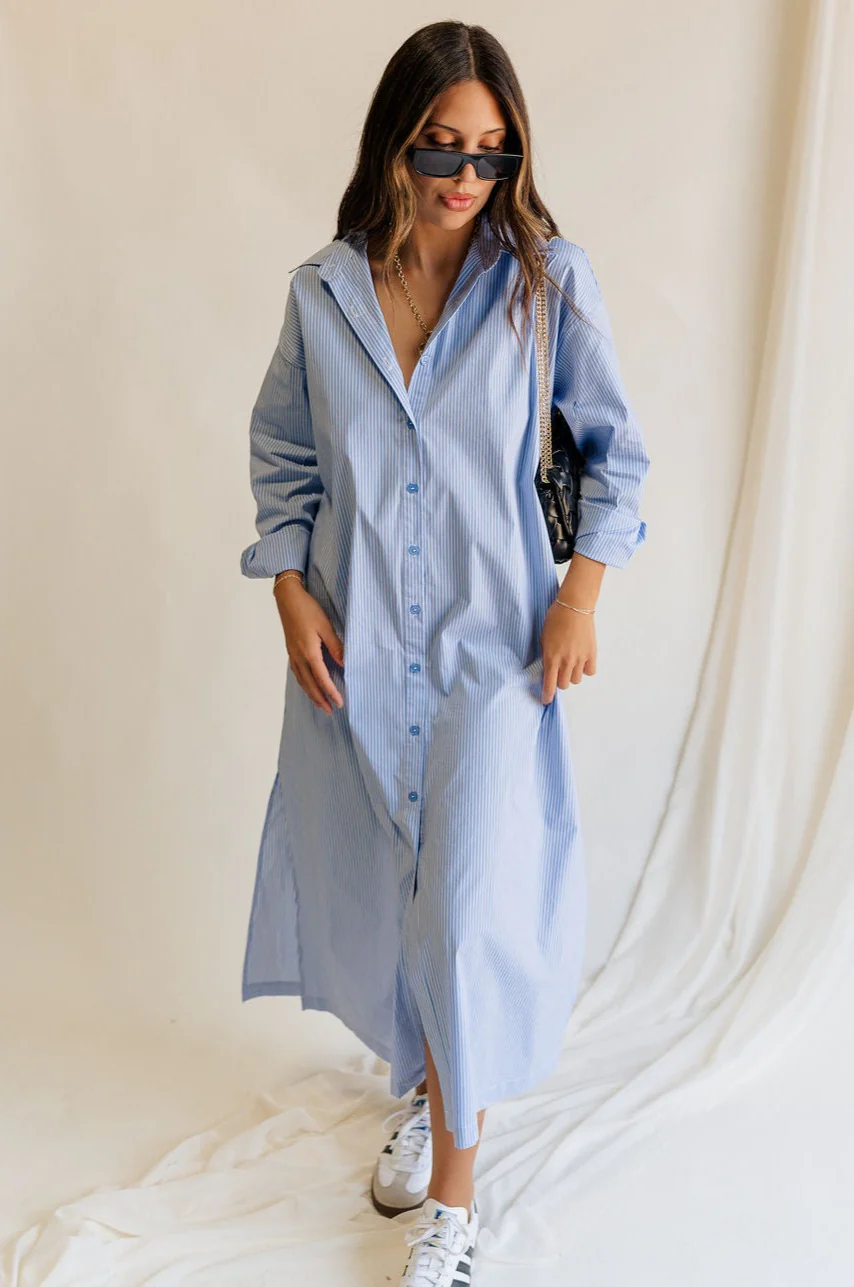 Ryan Blue and White Stripe Button-Up Midi Dress - Image 8