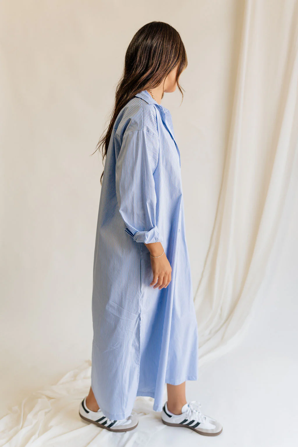 Ryan Blue and White Stripe Button-Up Midi Dress - Image 9