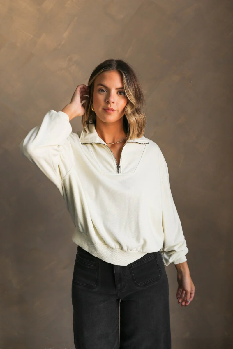 Rylee Cream Quarter Zip Up Sweatshirt
