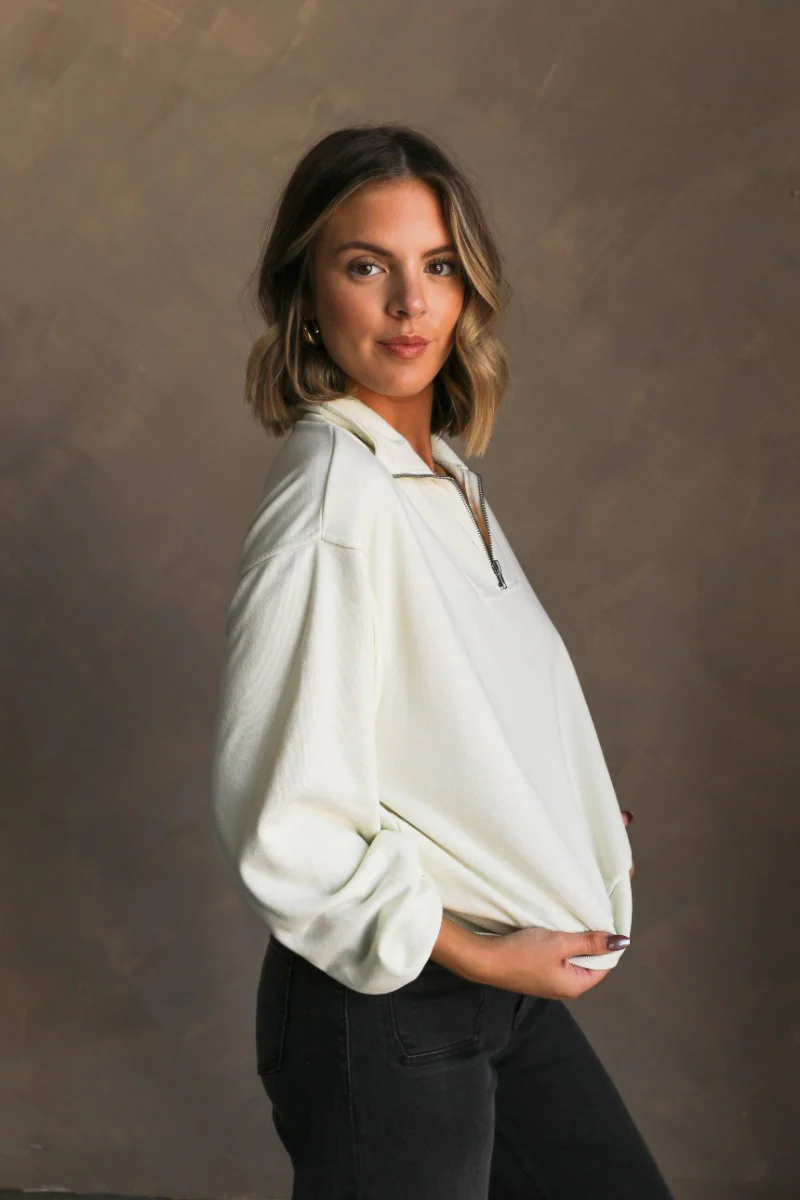 Rylee Cream Quarter Zip Up Sweatshirt - Image 2