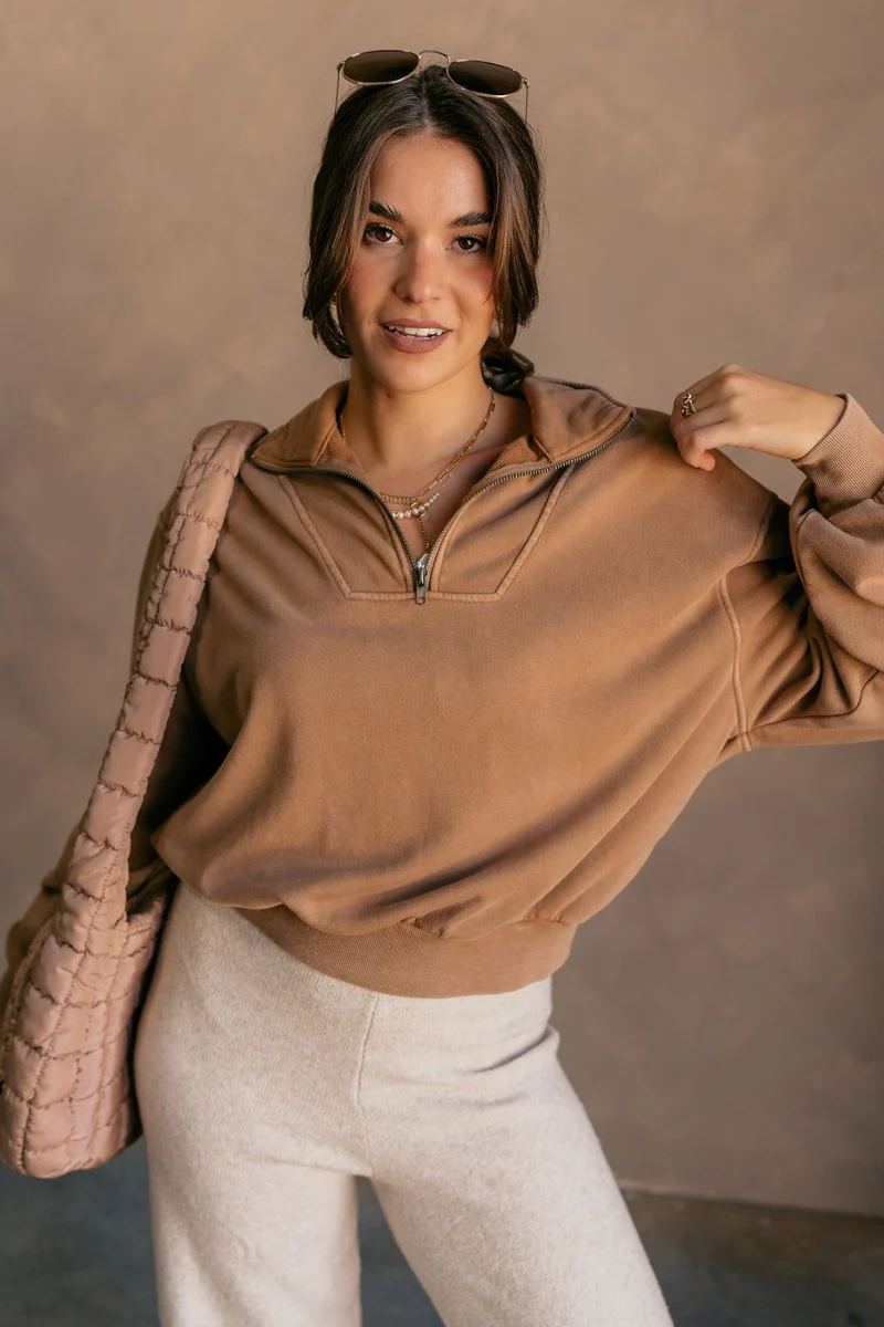 Rylee Pale Brown Quarter Zip Up Sweatshirt