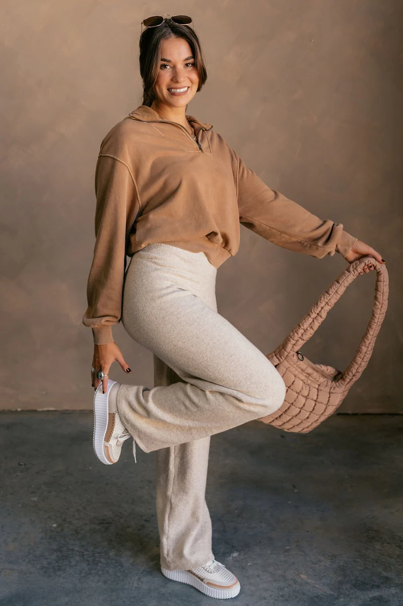Rylee Pale Brown Quarter Zip Up Sweatshirt - Image 2