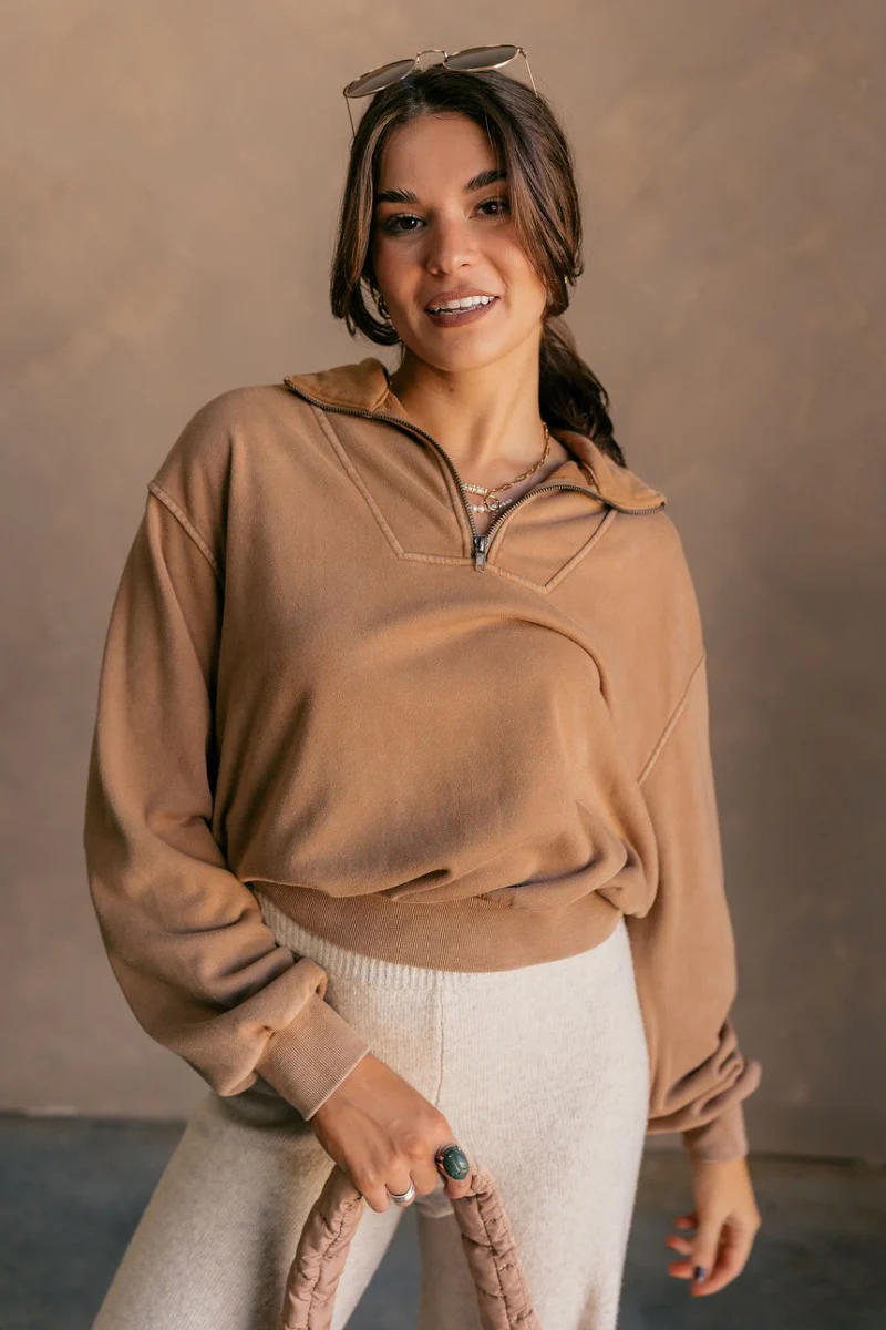 Rylee Pale Brown Quarter Zip Up Sweatshirt - Image 3