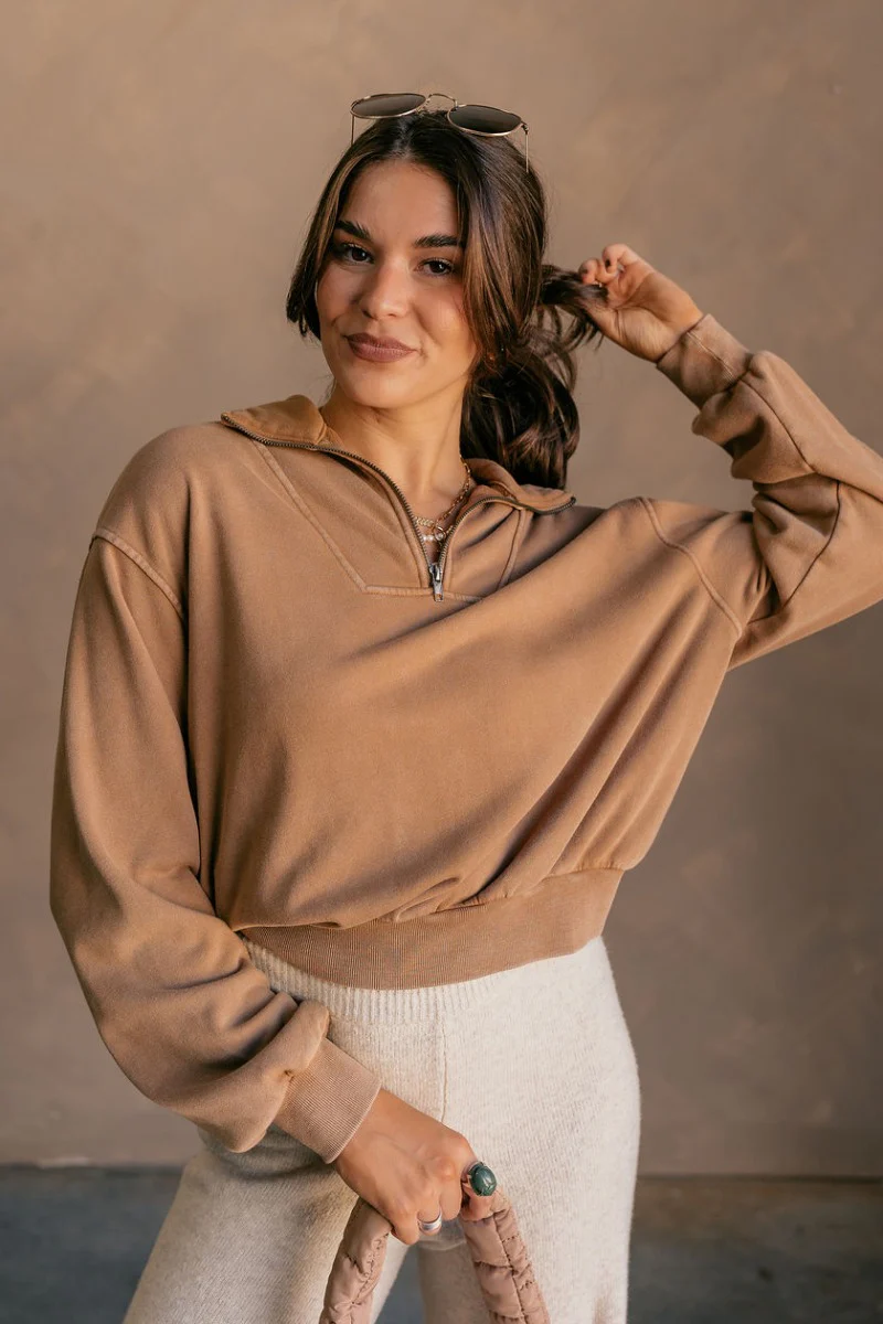 Rylee Pale Brown Quarter Zip Up Sweatshirt - Image 4
