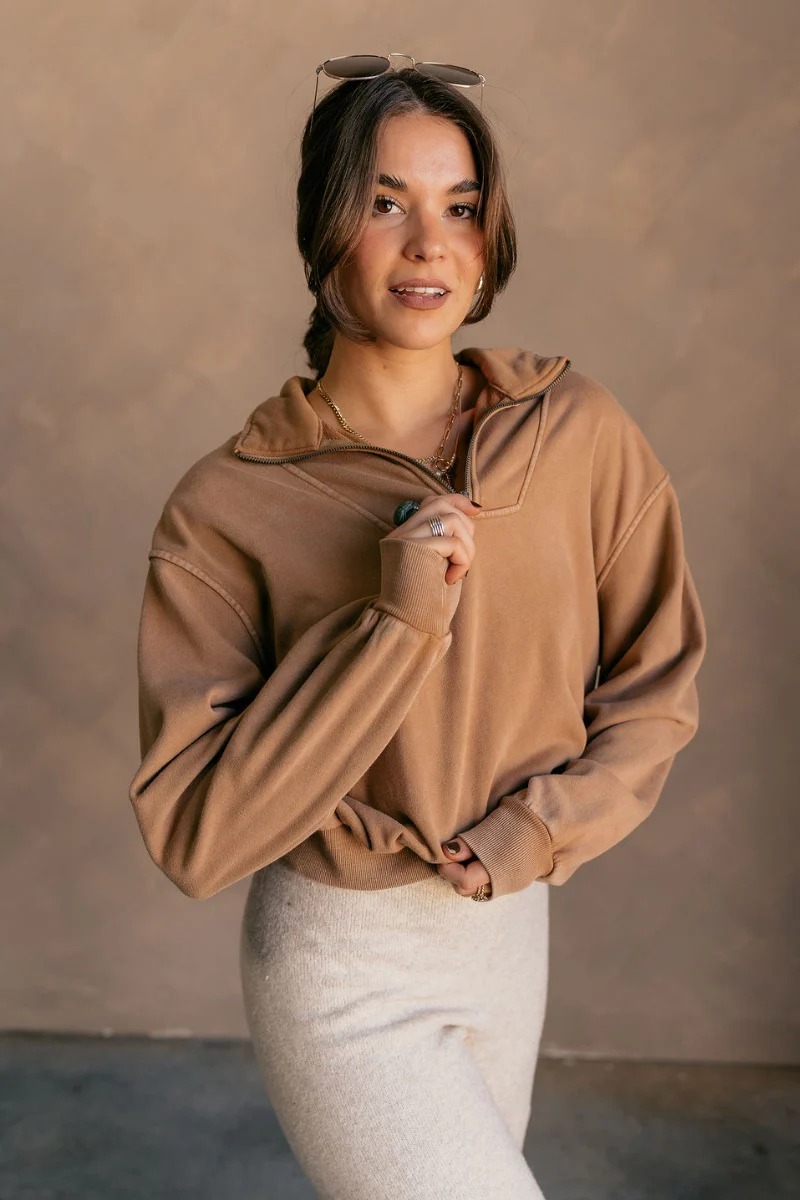 Rylee Pale Brown Quarter Zip Up Sweatshirt - Image 5