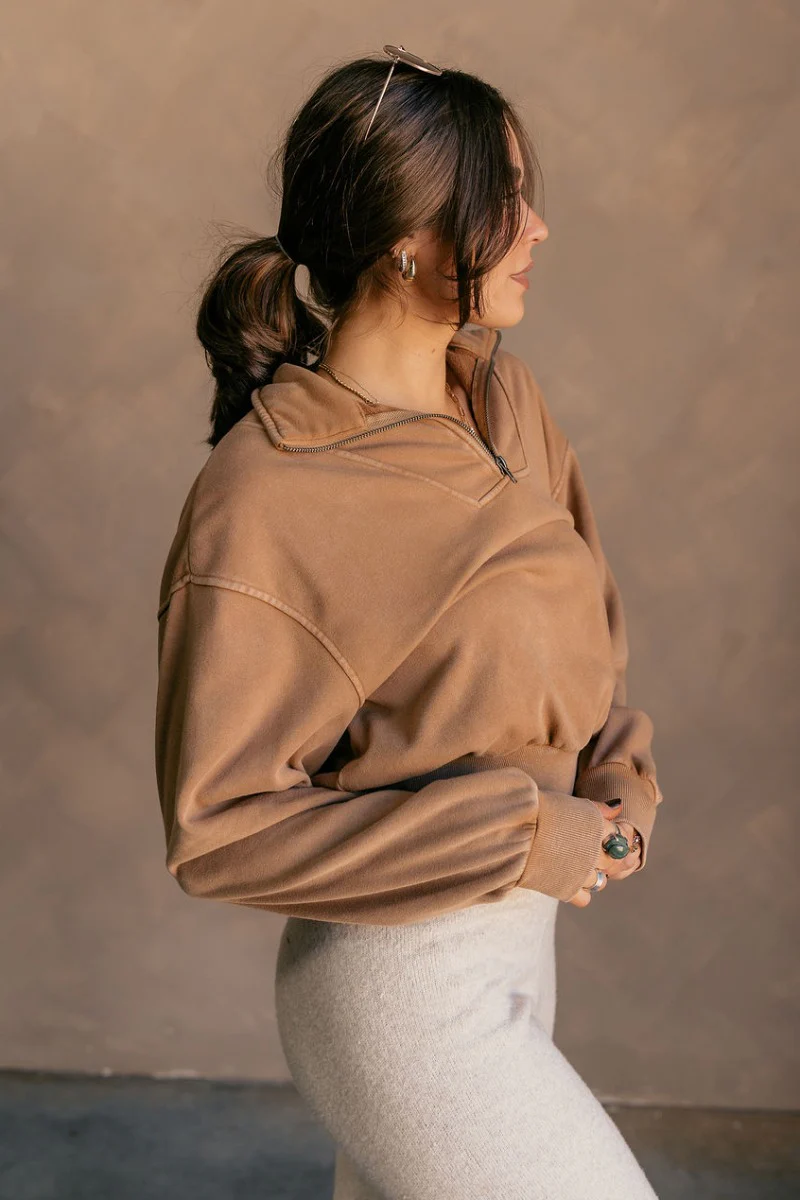 Rylee Pale Brown Quarter Zip Up Sweatshirt - Image 6