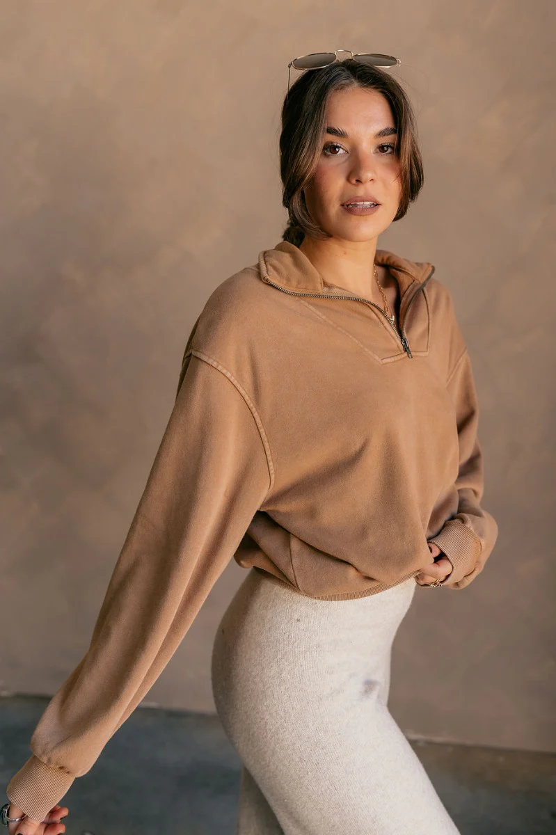 Rylee Pale Brown Quarter Zip Up Sweatshirt - Image 7