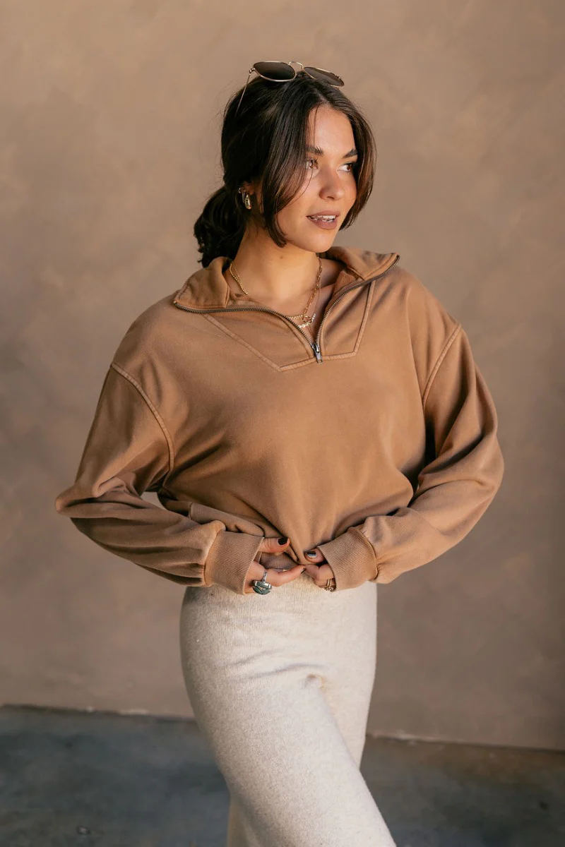 Rylee Pale Brown Quarter Zip Up Sweatshirt - Image 8