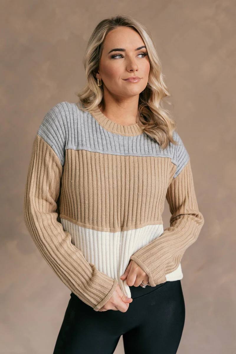 Rylee Taupe Multi Striped Long Sleeve Sweater - Image 3