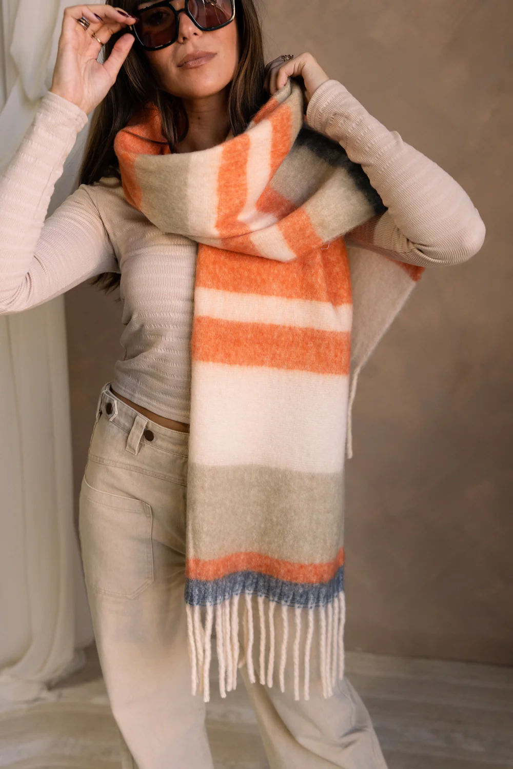 Rylie Orange Striped Fringe Scarf