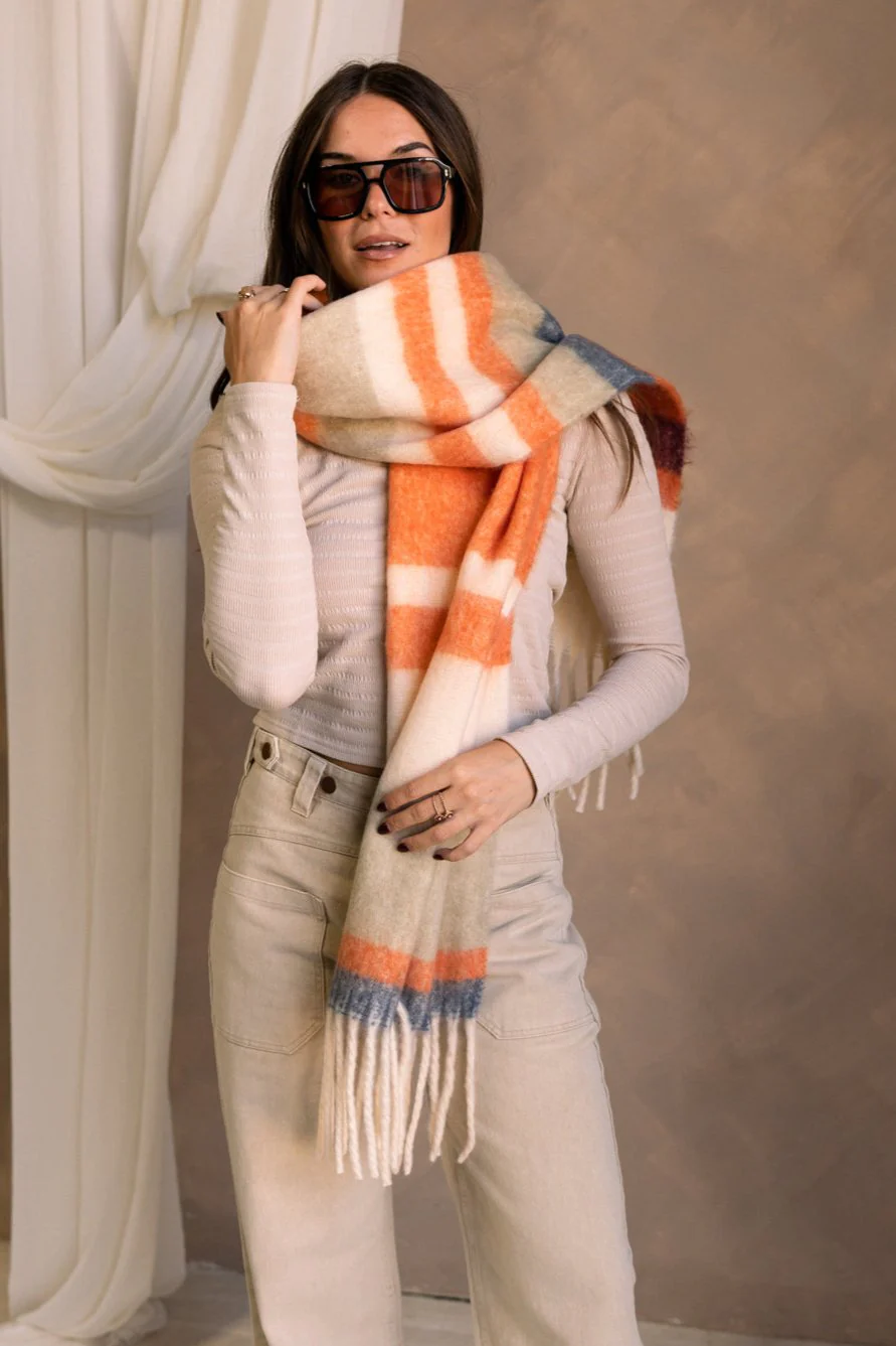 Rylie Orange Striped Fringe Scarf - Image 4