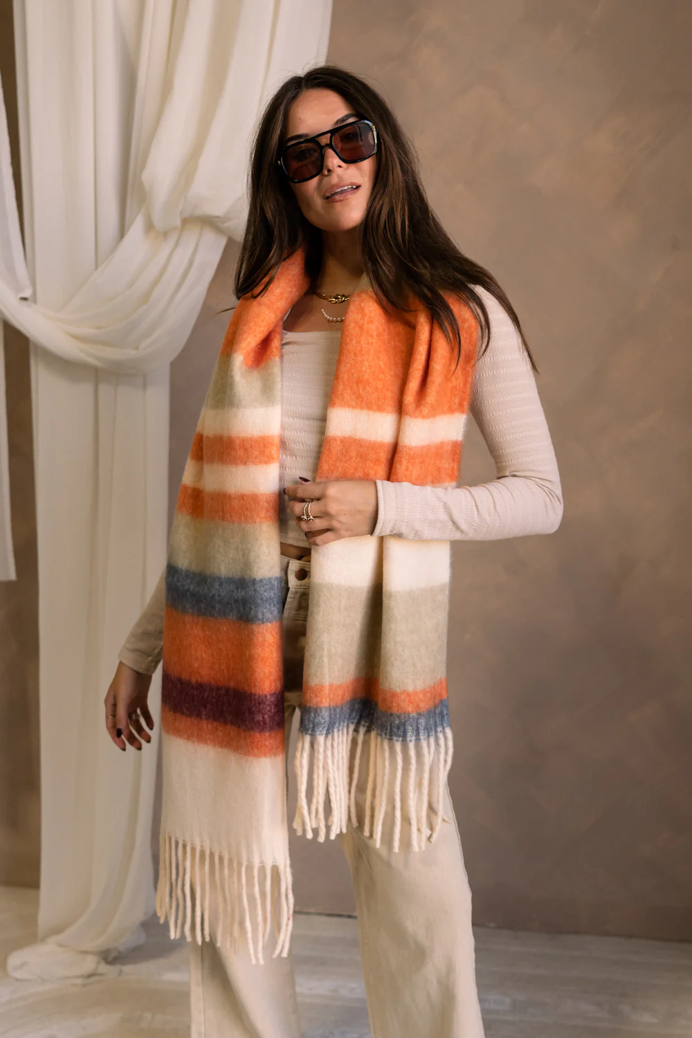 Rylie Orange Striped Fringe Scarf - Image 5