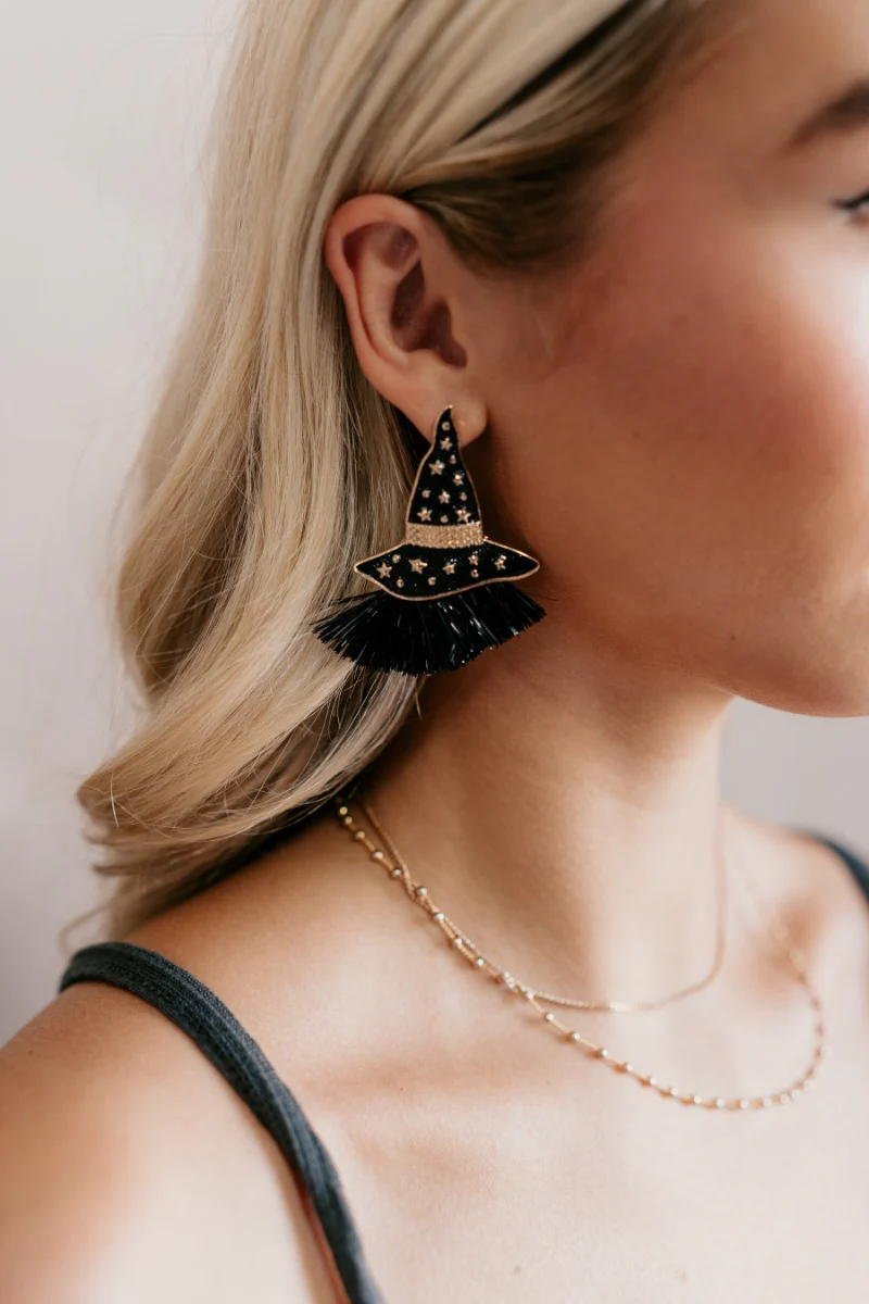 Sabrina Black & Gold Fringe Witch Hat Earring