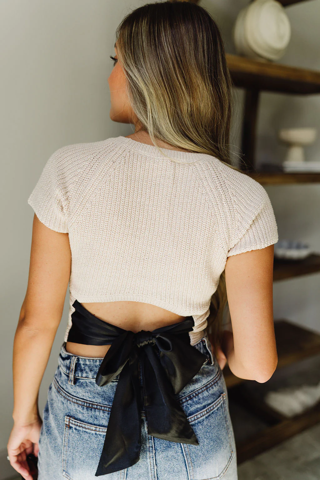 Sabrina Taupe Bow Back Short Sleeve Sweater