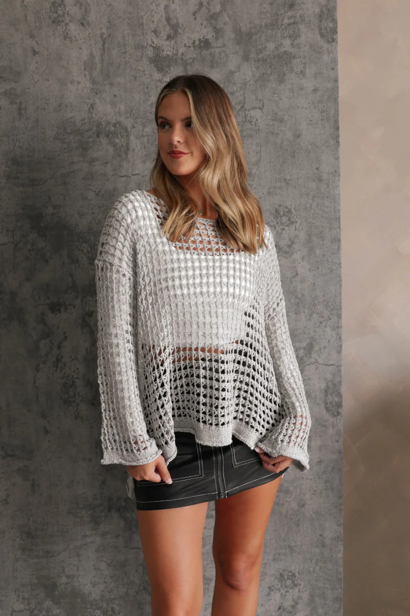 Sahara Grey Crochet Knit Long Sleeve Sweater - Image 3