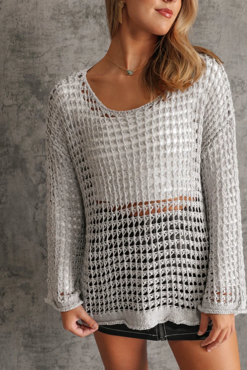 Sahara Grey Crochet Knit Long Sleeve Sweater - Image 6