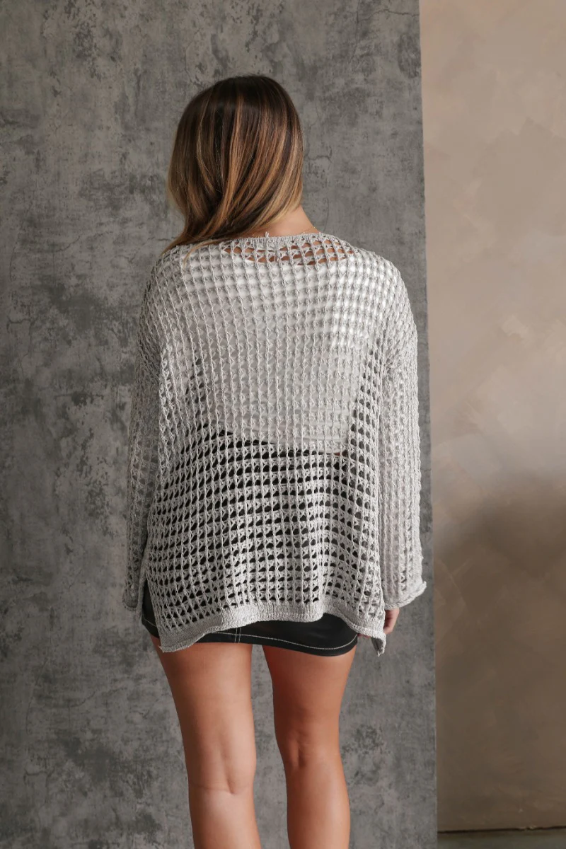 Sahara Grey Crochet Knit Long Sleeve Sweater - Image 7