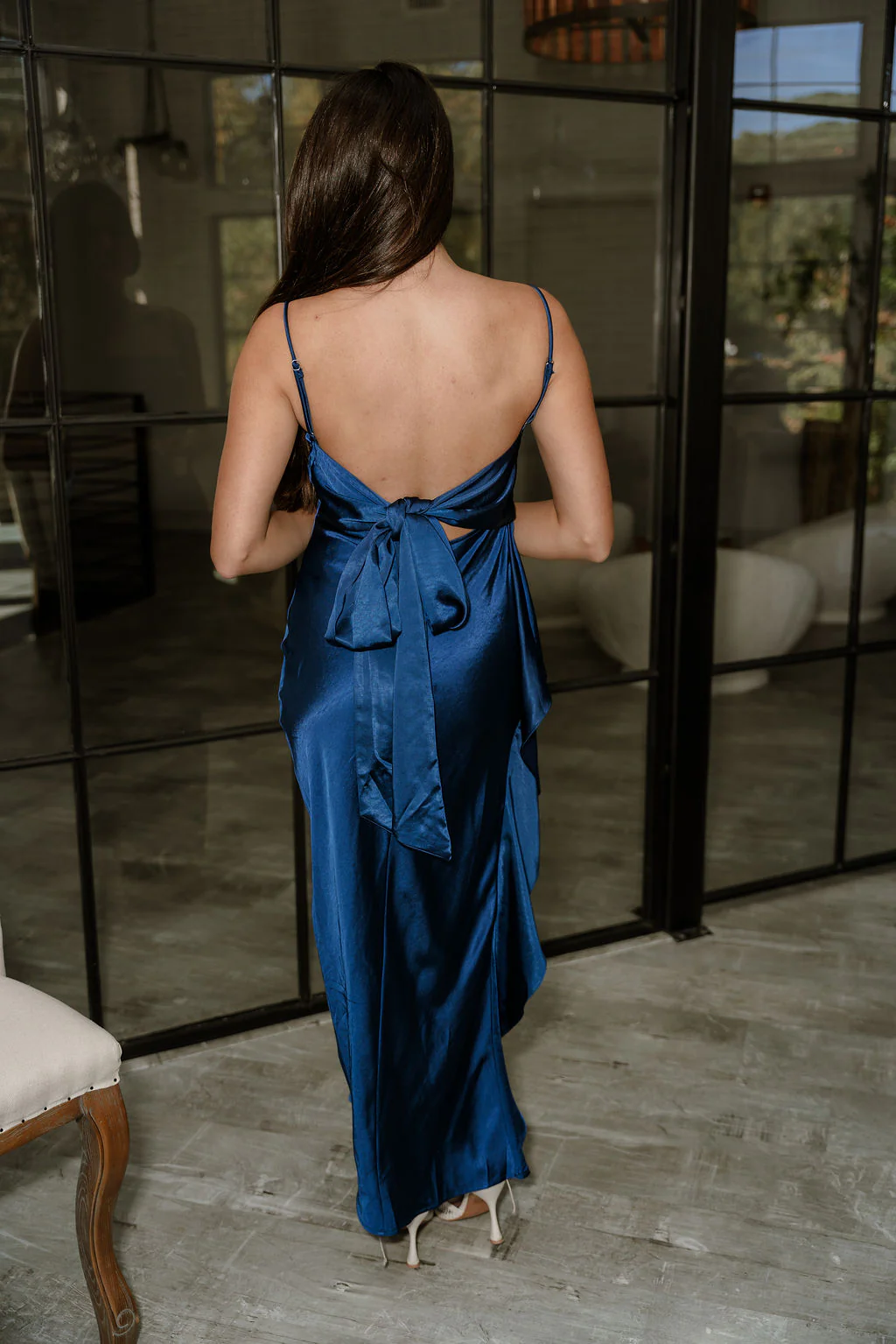 Samantha Navy Blue Satin Ruffle Maxi Dress - Image 10