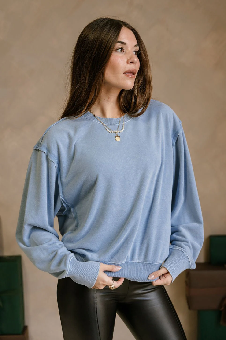 Samantha Washed Blue Raw-Edge Pullover - Image 3