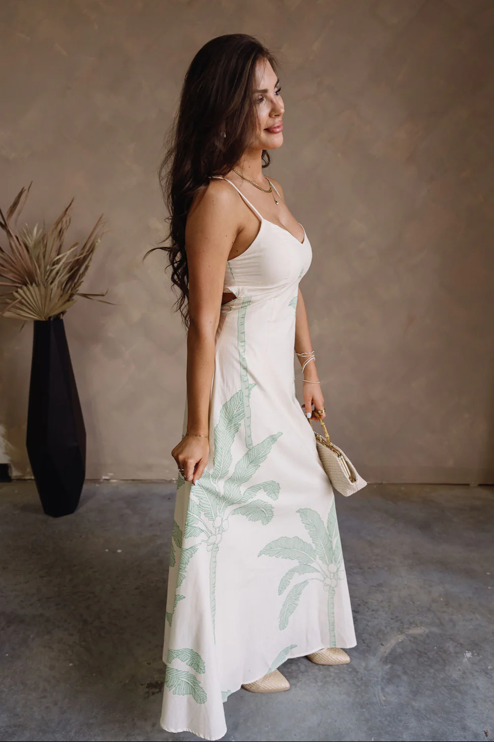 Samara Cream & Light Green Palm Leaf Maxi Dress - Image 3