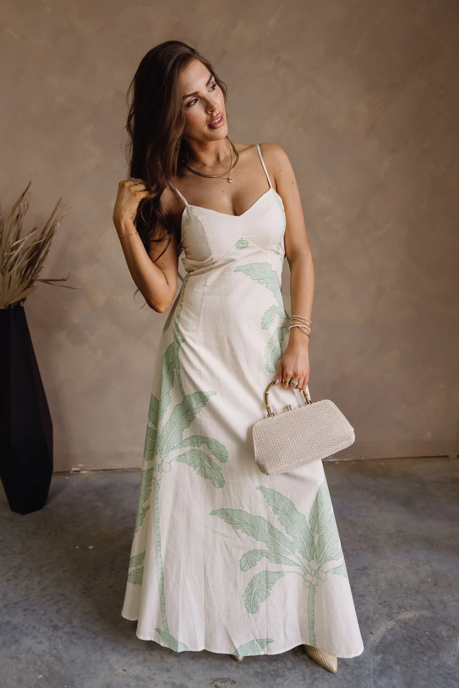Samara Cream & Light Green Palm Leaf Maxi Dress - Image 5