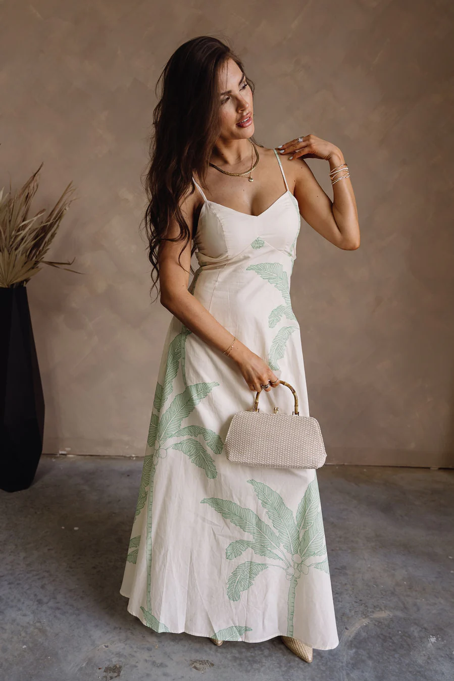 Samara Cream & Light Green Palm Leaf Maxi Dress - Image 8