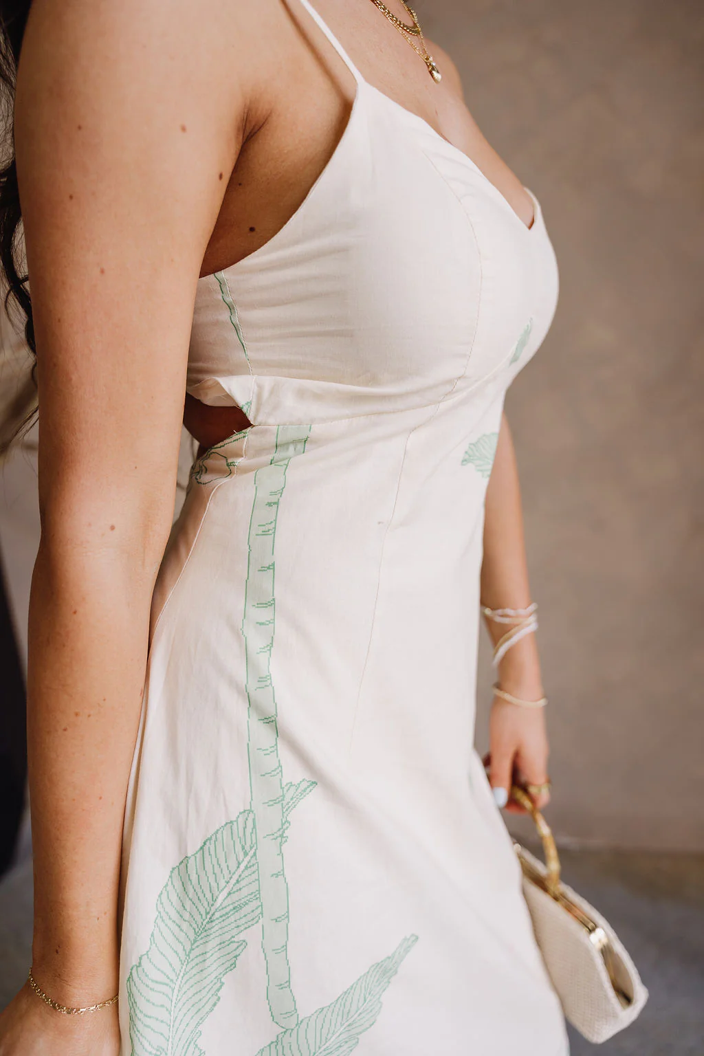 Samara Cream & Light Green Palm Leaf Maxi Dress - Image 9