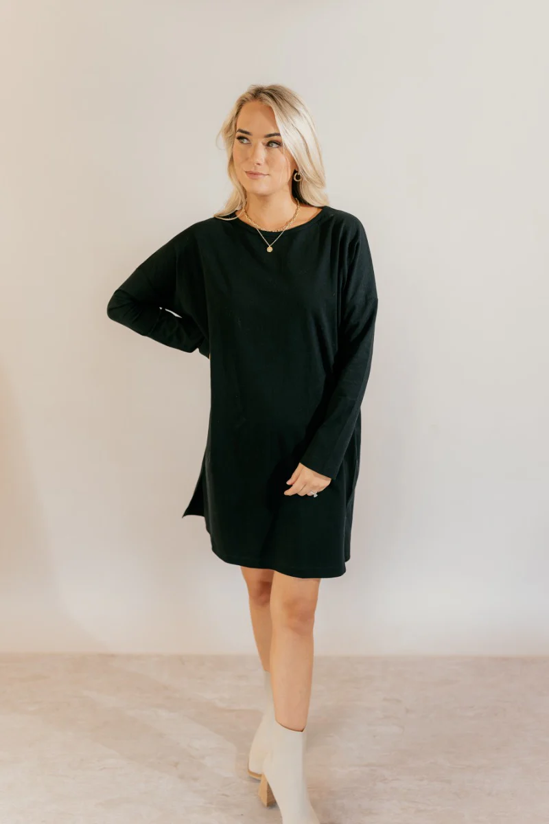 Sara Black Long Sleeve T-shirt Dress - Image 3
