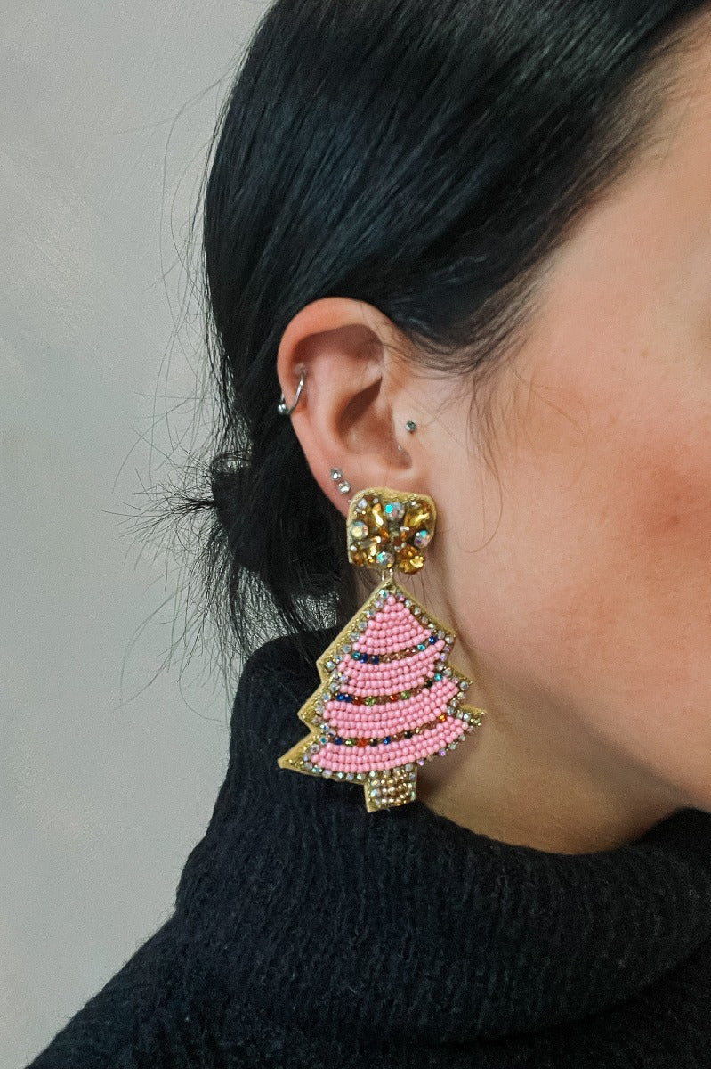 Sara Pink Beaded Christmas Tree Earrings