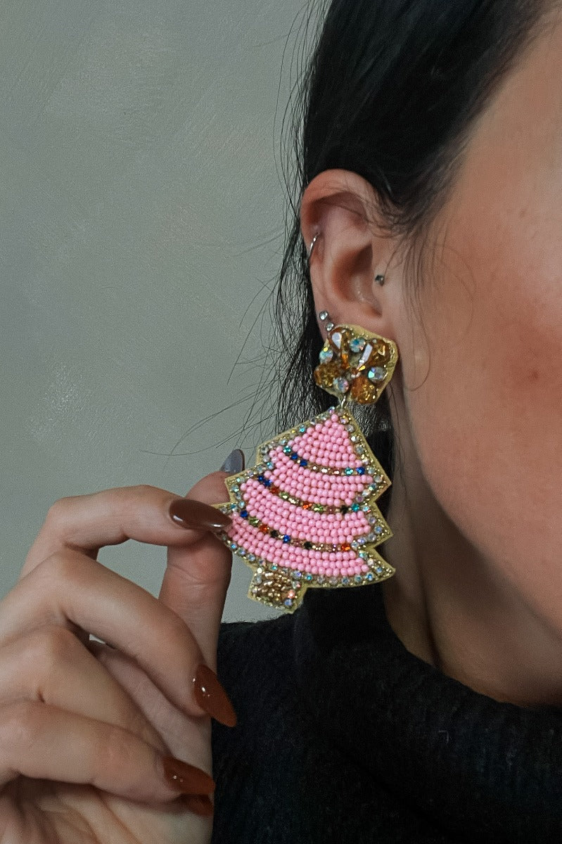 Sara Pink Beaded Christmas Tree Earrings - Image 2