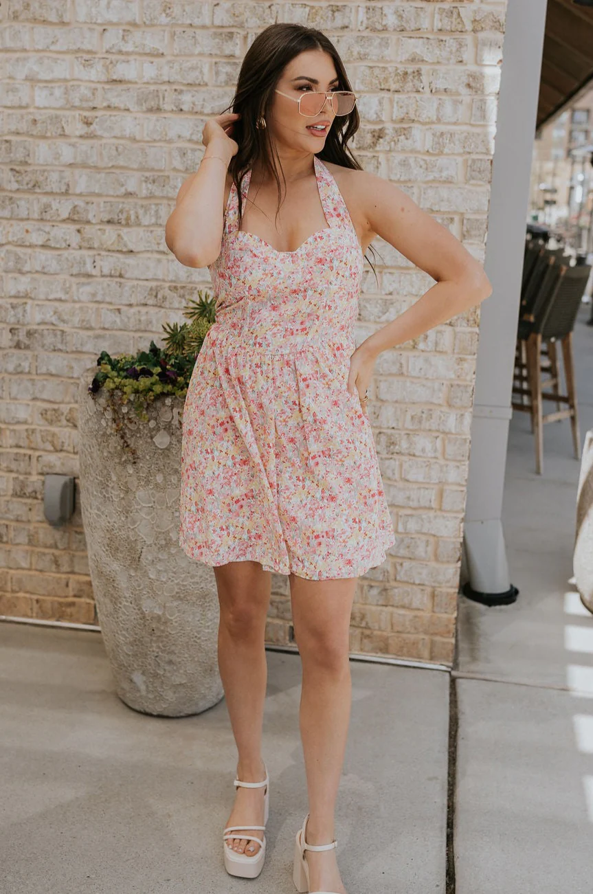 Sara Pink Floral Halter Mini Dress - Image 2