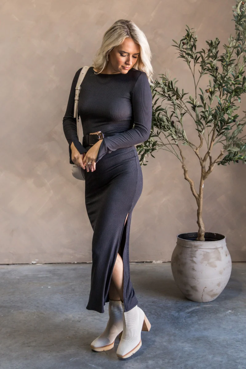 Sarah Black Long Sleeve Midi Slit Dress - Image 2