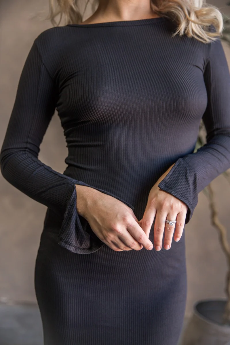 Sarah Black Long Sleeve Midi Slit Dress - Image 4
