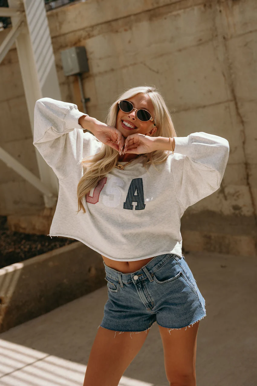 Sarah USA Heather Grey Multi Cropped Sweatshirt - Image 3