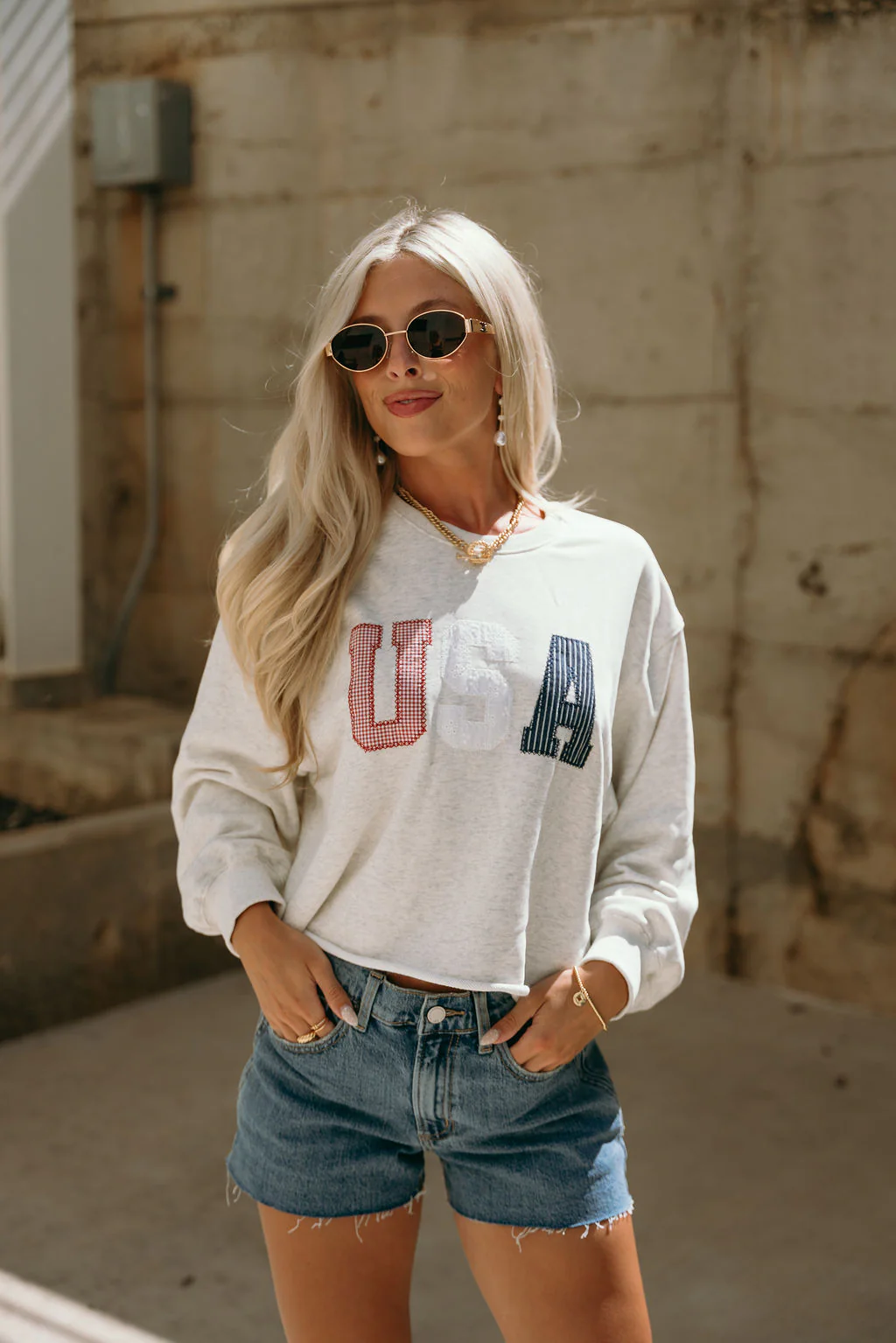 Sarah USA Heather Grey Multi Cropped Sweatshirt - Image 4
