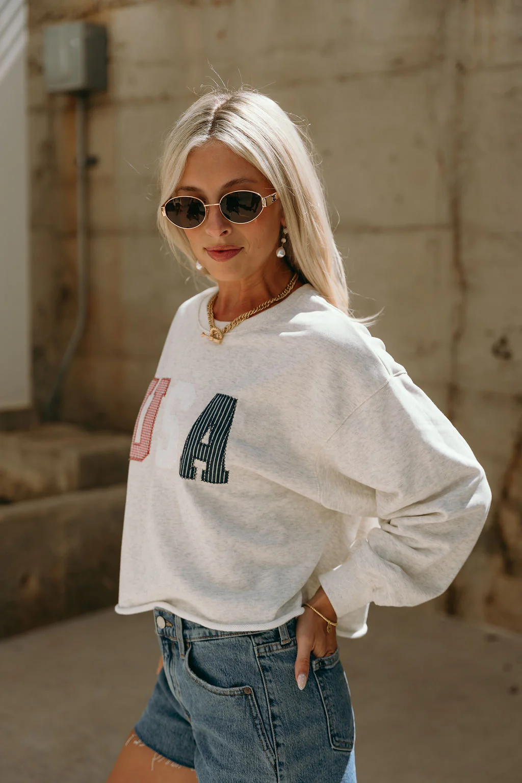 Sarah USA Heather Grey Multi Cropped Sweatshirt - Image 6