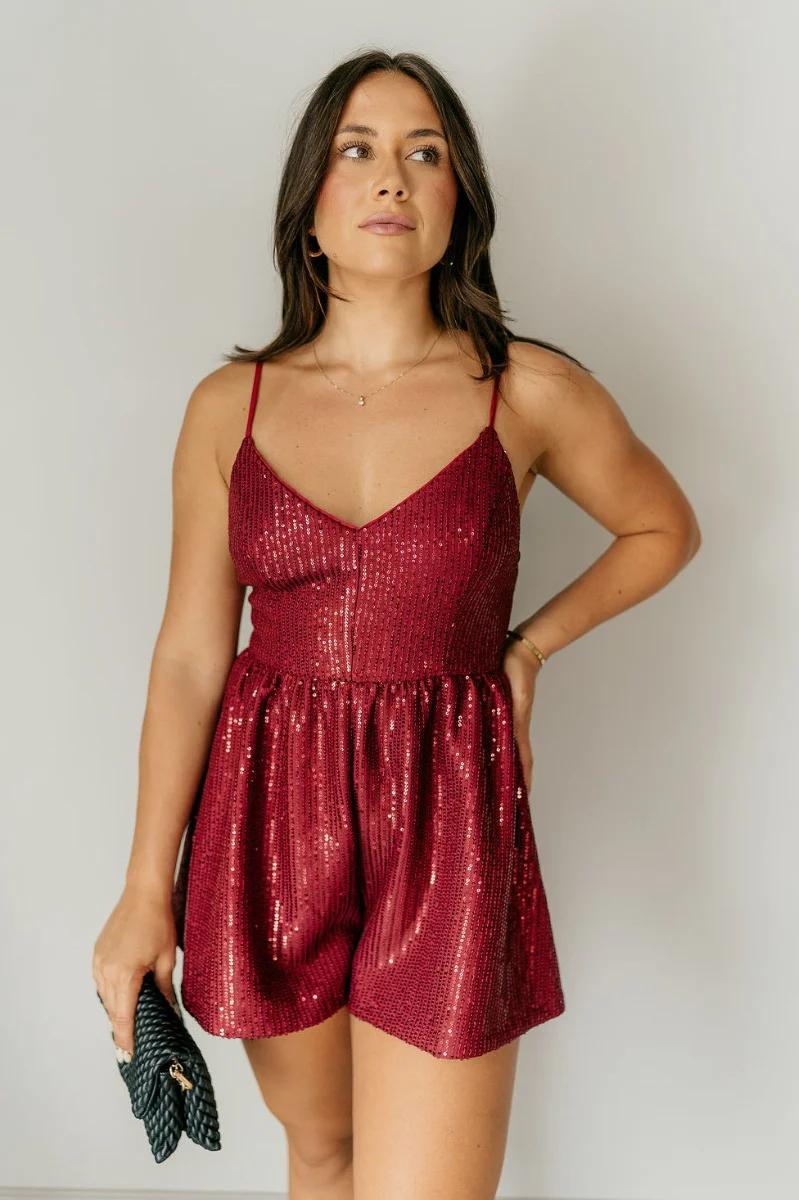 Sasha Burgundy Sequin Strappy Romper