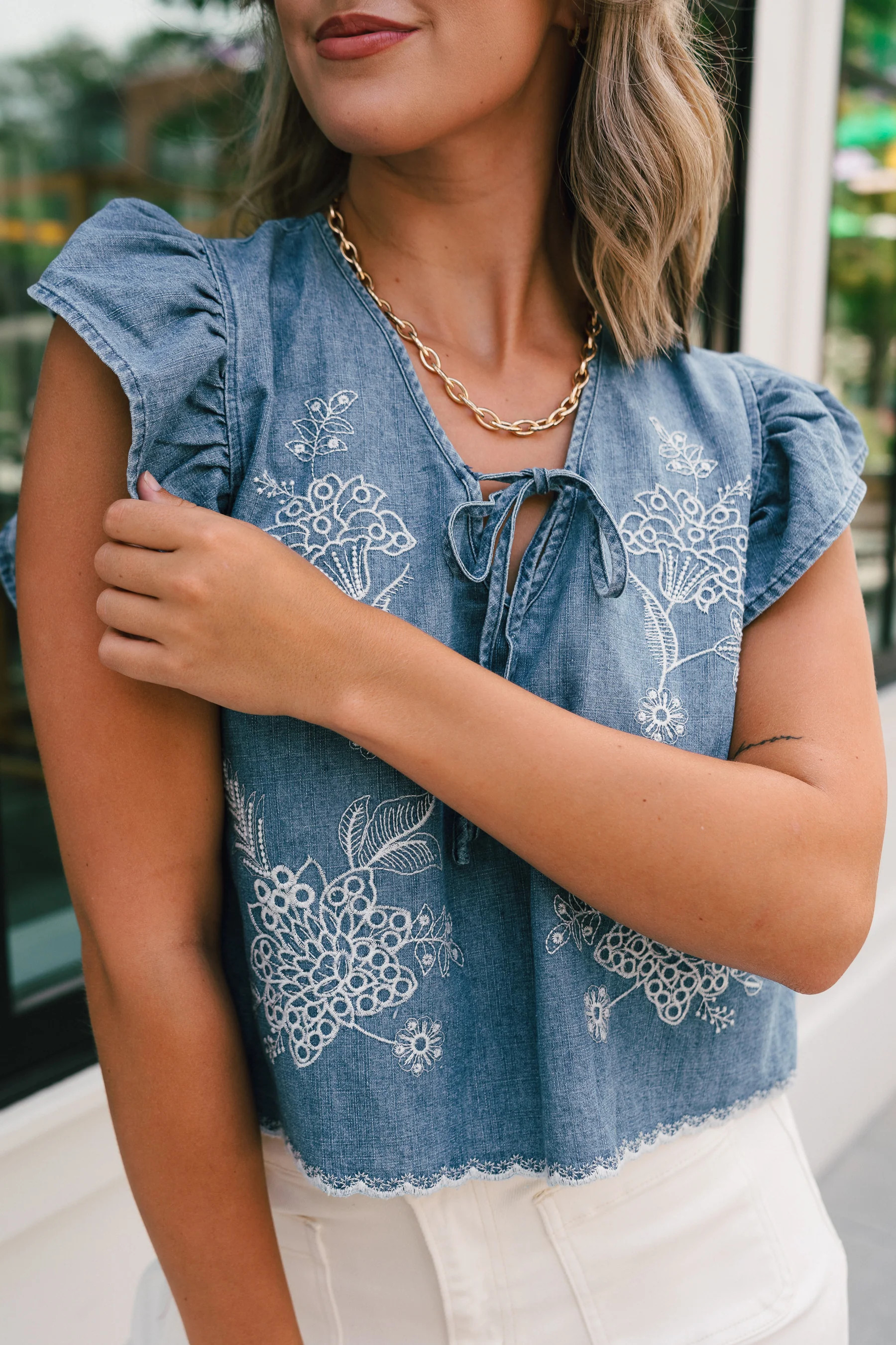 Savanna Blue Denim Embroidered Ruffle Top - Image 2