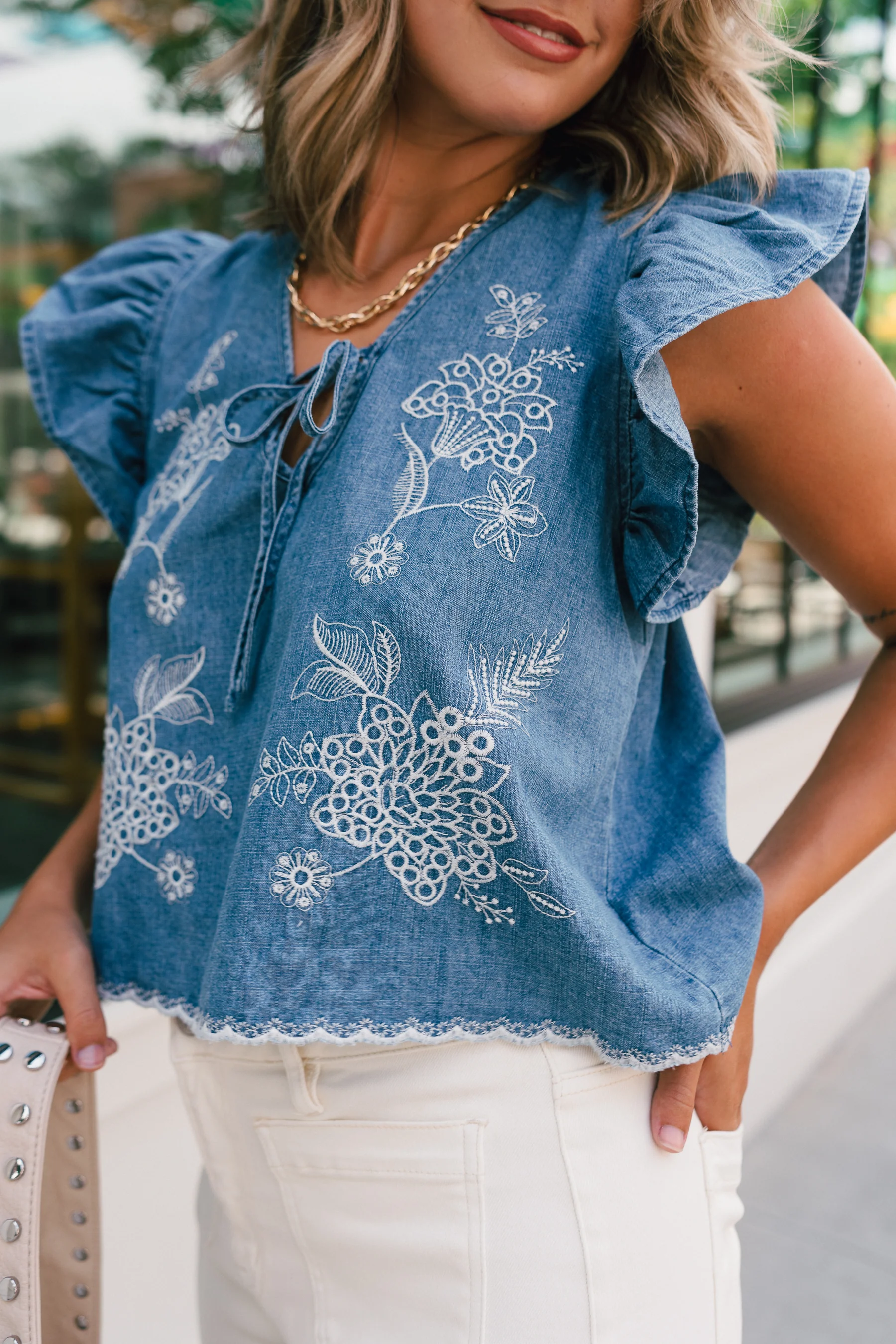 Savanna Blue Denim Embroidered Ruffle Top - Image 3