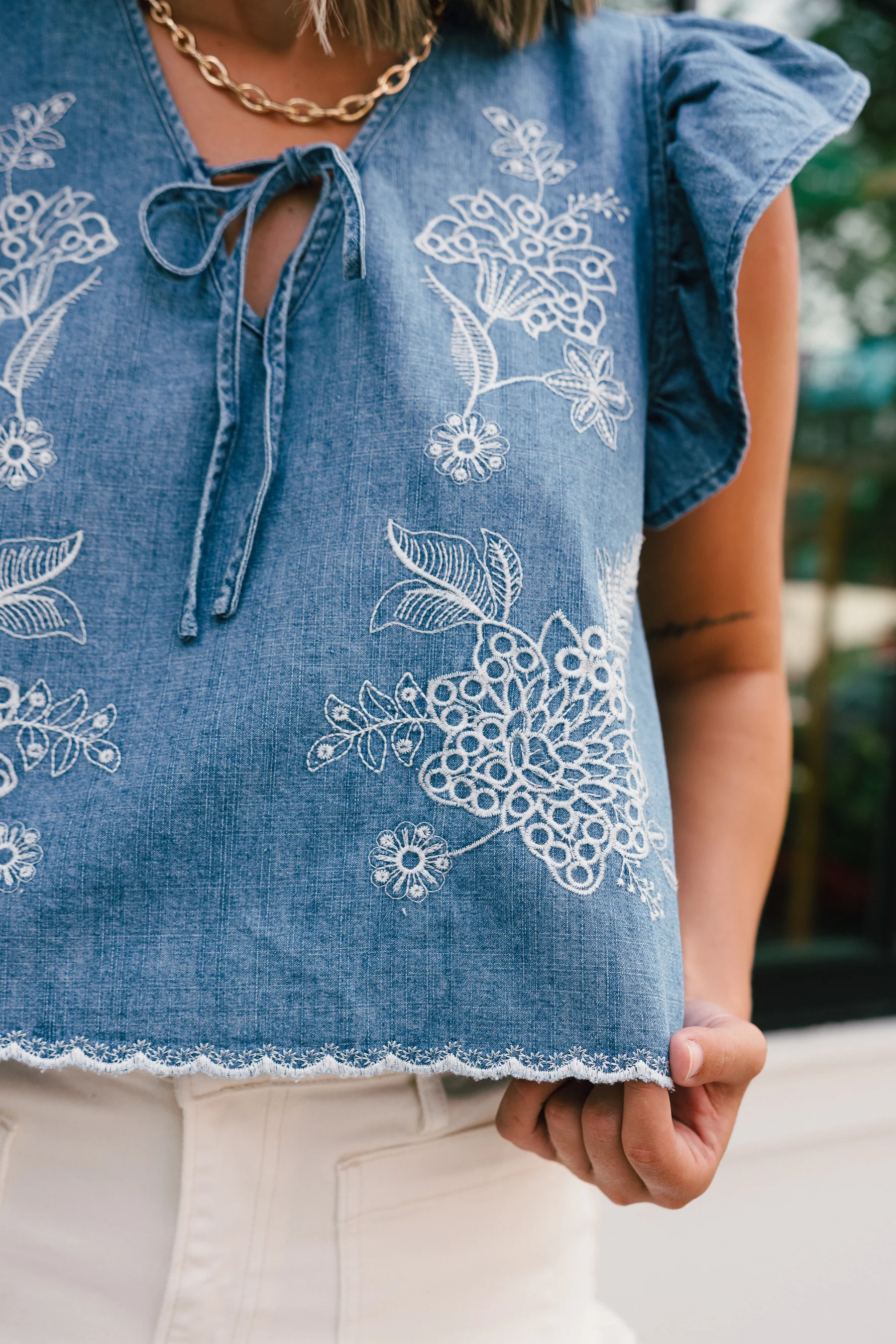 Savanna Blue Denim Embroidered Ruffle Top - Image 4
