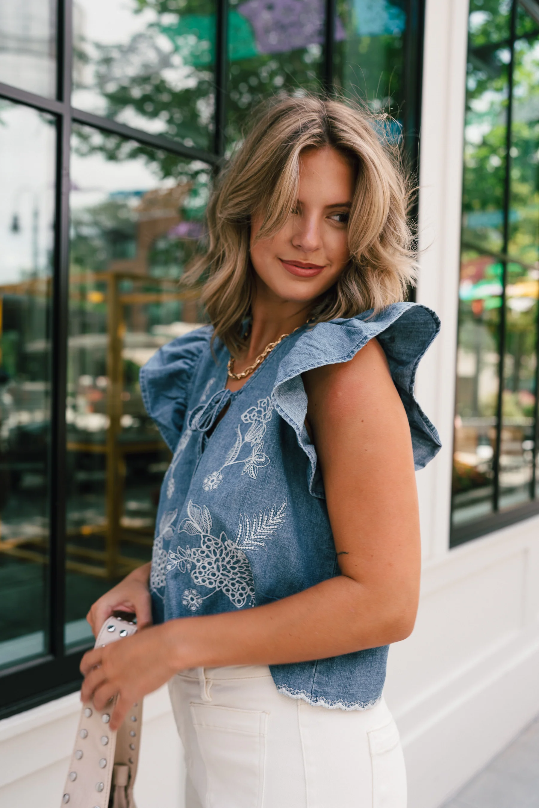 Savanna Blue Denim Embroidered Ruffle Top - Image 6