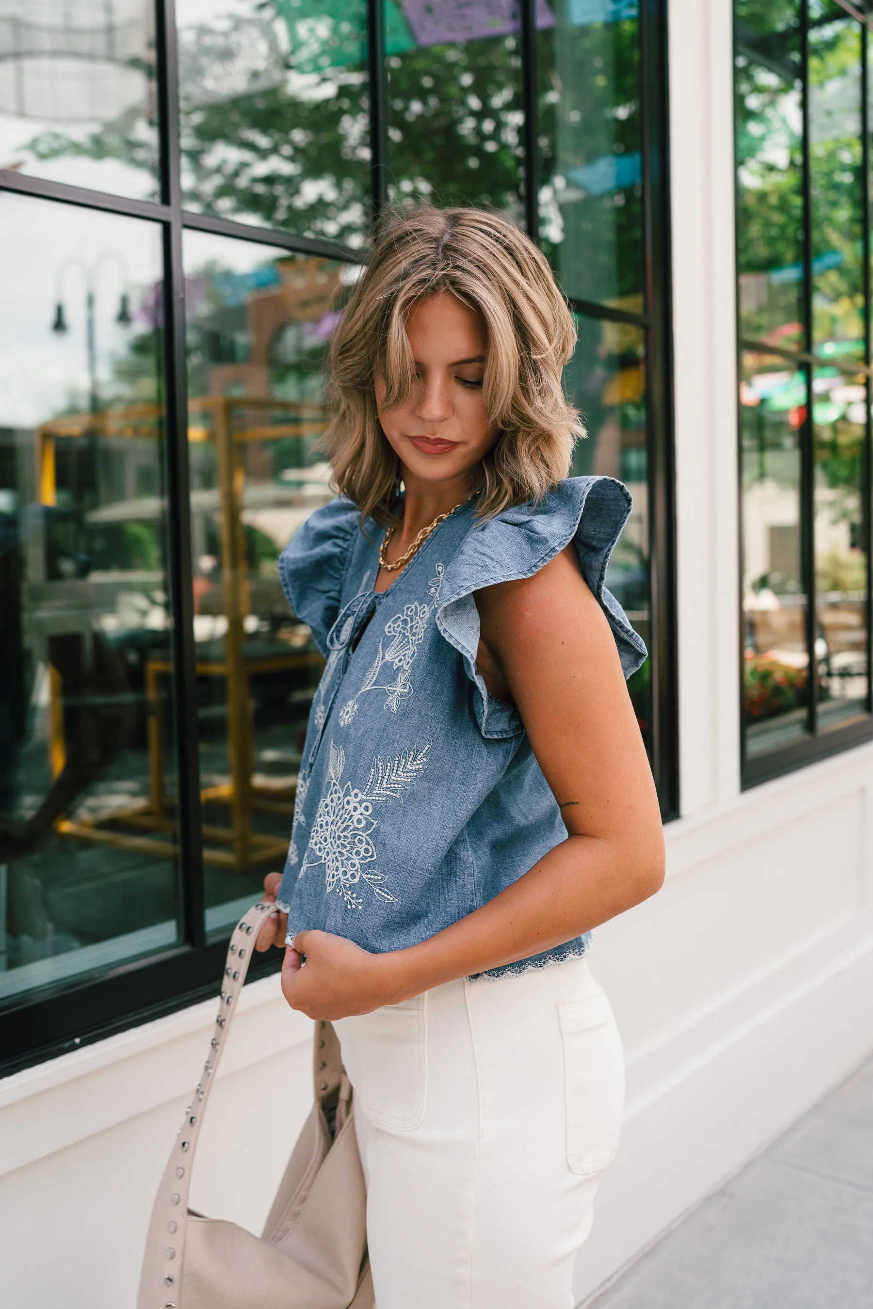 Savanna Blue Denim Embroidered Ruffle Top - Image 7