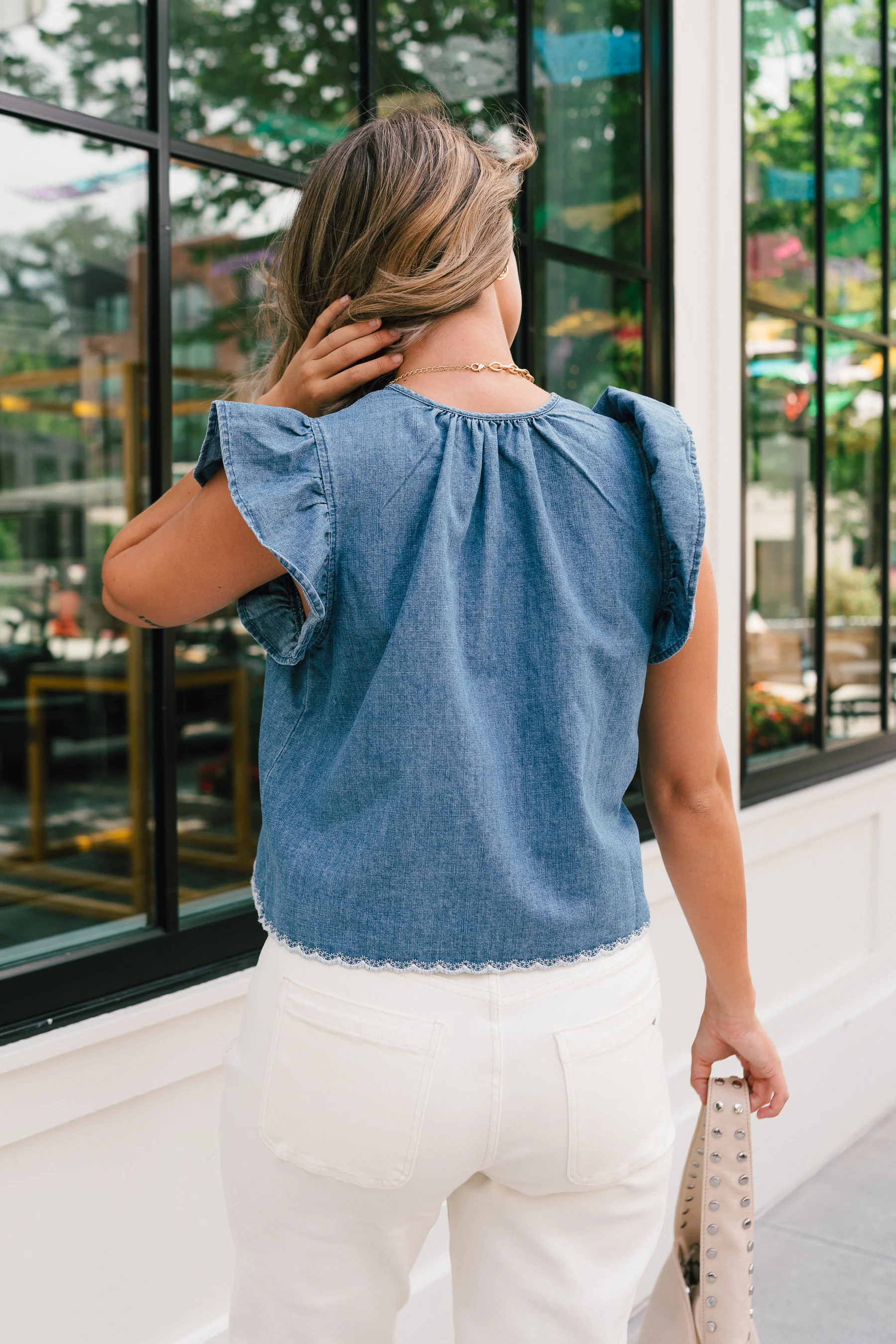 Savanna Blue Denim Embroidered Ruffle Top - Image 8