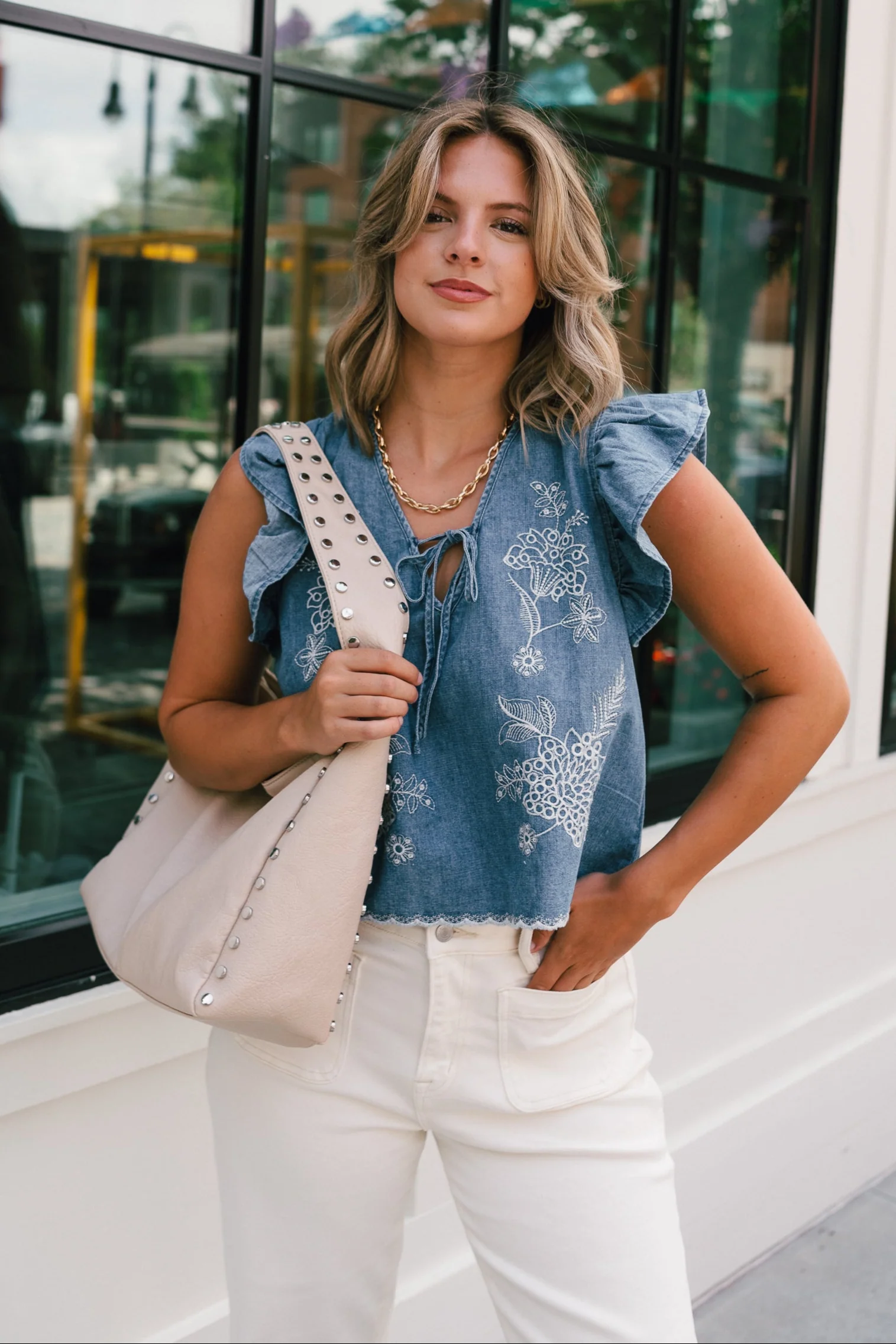 Savanna Blue Denim Embroidered Ruffle Top - Image 9