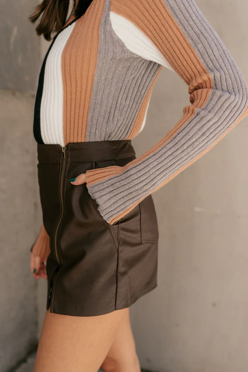 Savannah Dark Brown Faux Leather Skort - Image 10