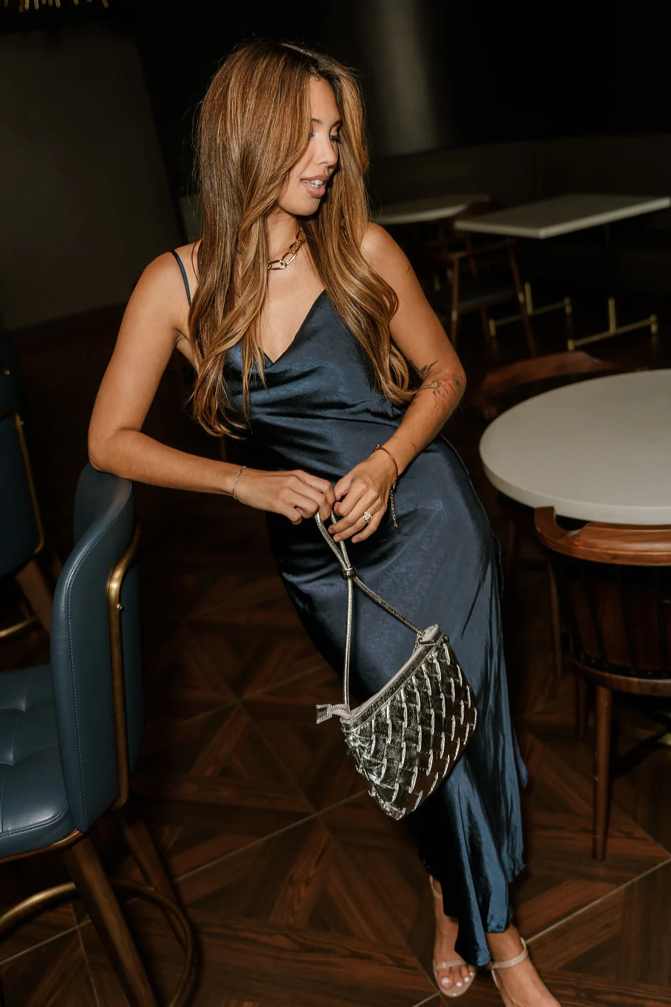 Sawyer Navy Blue Satin Midi Dress - Image 5
