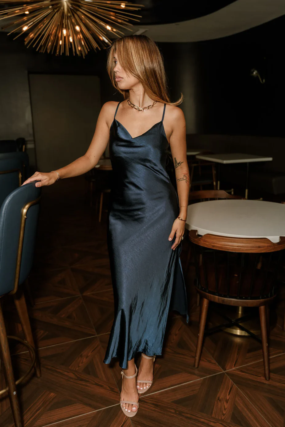 Sawyer Navy Blue Satin Midi Dress - Image 6