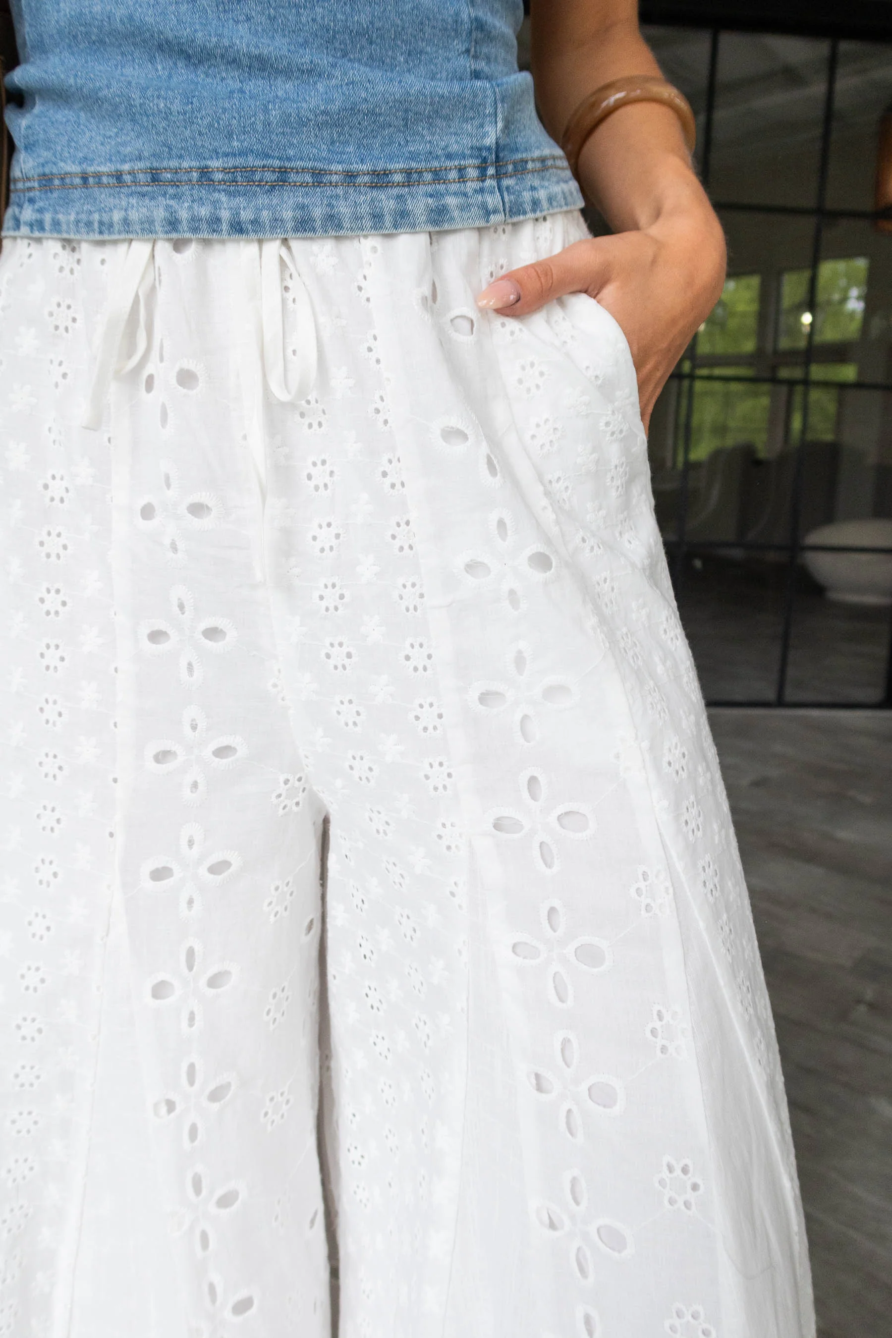 Saylor White Eyelet Wide Leg Pants - Image 5