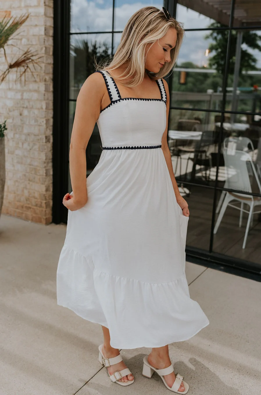 Saylor White & Navy Scallop Midi Dress